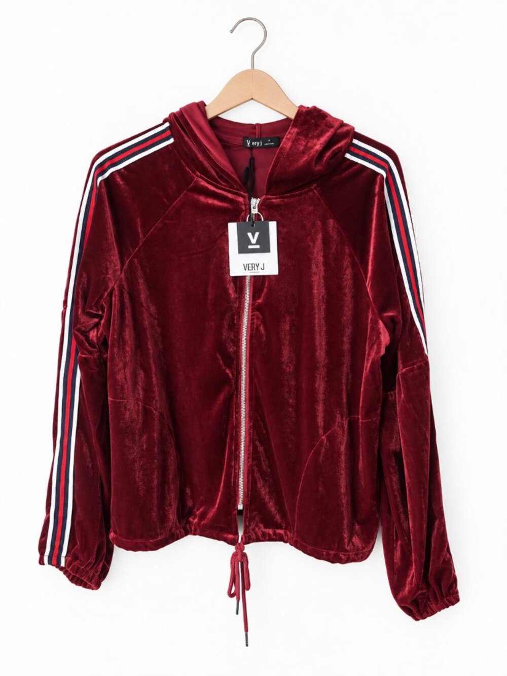 Very J Women’s Velvet Zip-Up Hoodie Striped Sleeves NWT Burgundy